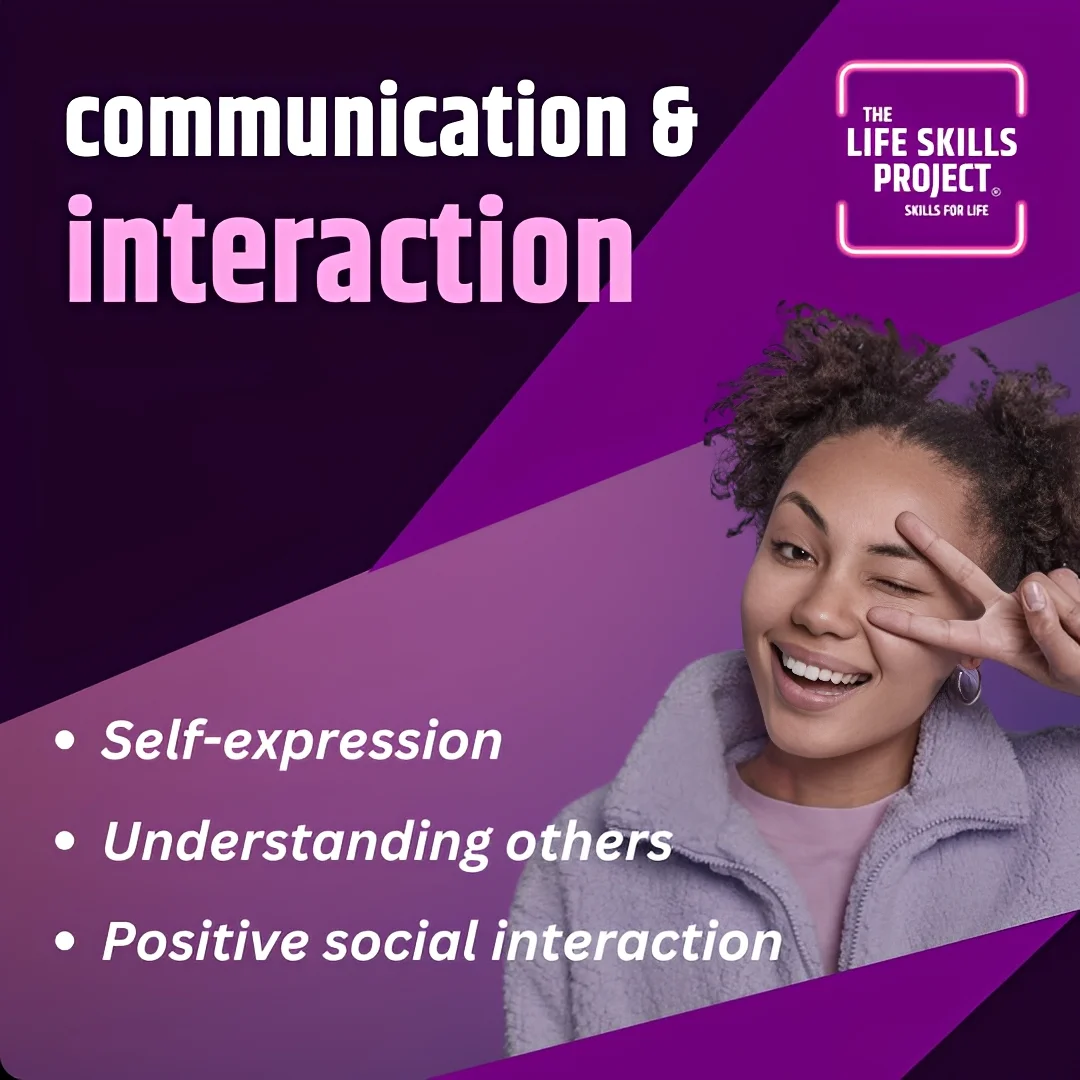 Image Title - Communication and Interaction
Image Text - Focus and flexible thinking, Memory and undestanding, Planning and task completion
Image Descripion - A smiling mixed race teenage girl with her hair in bunches, and two fingers over her left eye, representing life skills and specialist learning, with The Life Skills Project logo (pink neon square, with white writing within)