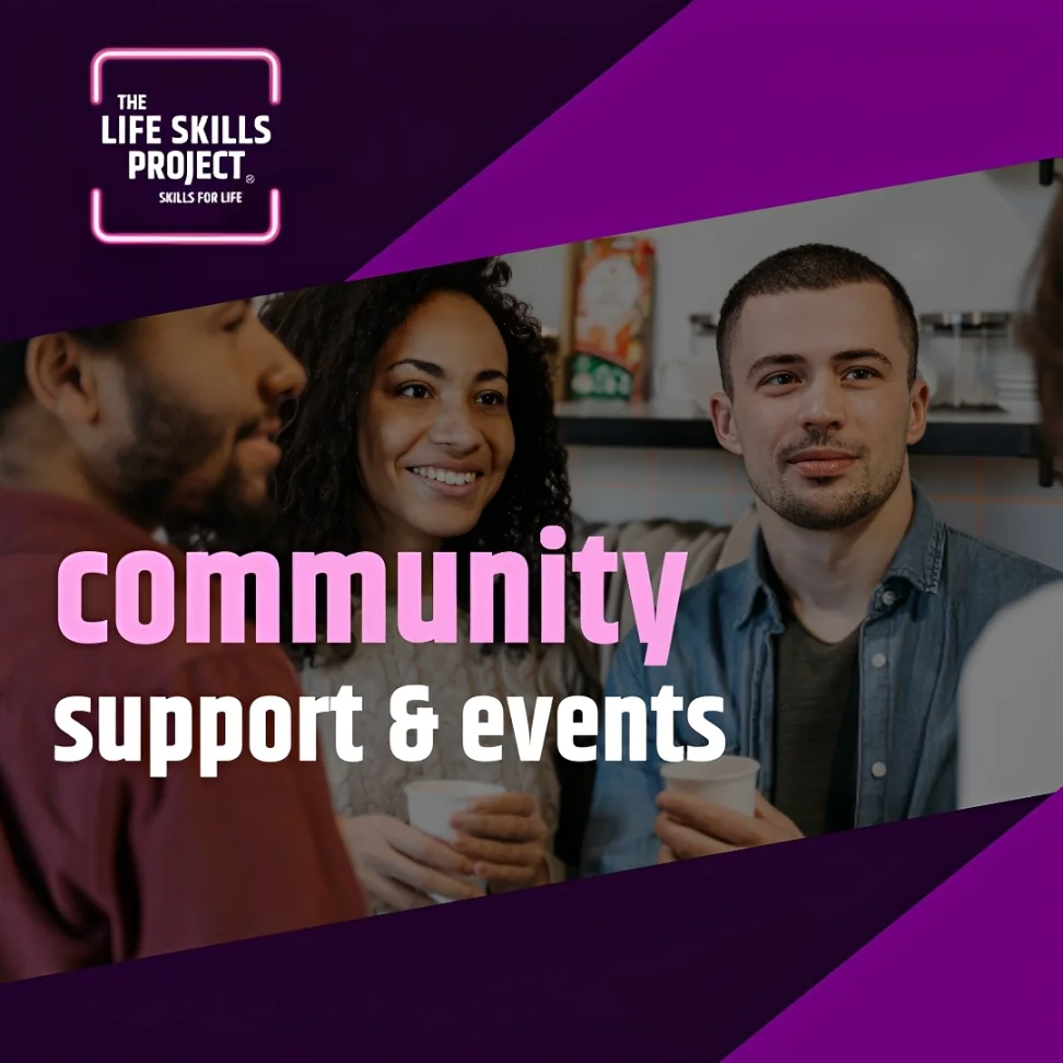 Image Title - Community Support and Events
Image Description - Three adults of mixed gender and ethnicities participating in a meet-up group, holding cups of tea and coffee