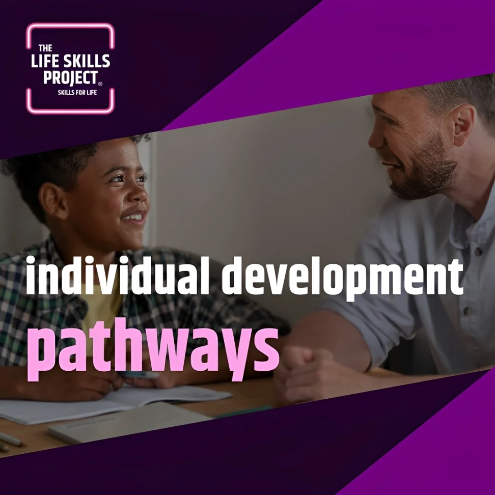 Image Title - Individual Development Pathways
Image Description - An adult and a mixed race child looking at each other whilst completing a task together