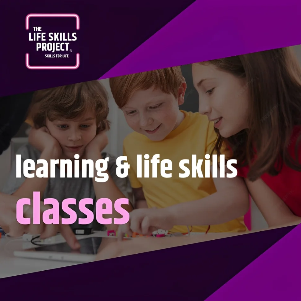 Image Title - Learning and Life Skills Classes
Image Description - Three young people of mixed genders focusing and completing a task together