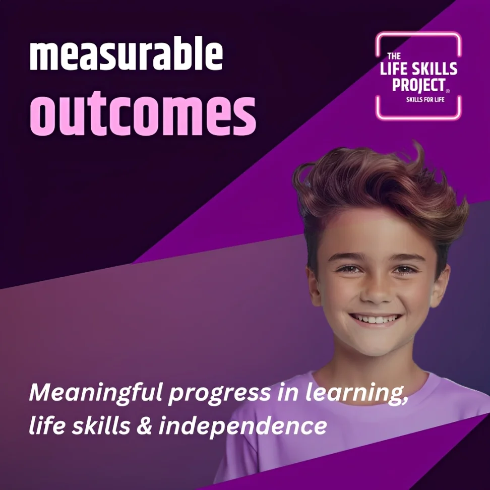 Image Title - Measurable Outcomes
Image Text - Meaningful progress in learning, life skills and independence
Image Description - A happy learner symbolising meaningful progress in learning, life skills and independence, with The Life Skills Project logo (pink neon square, with white writing within)