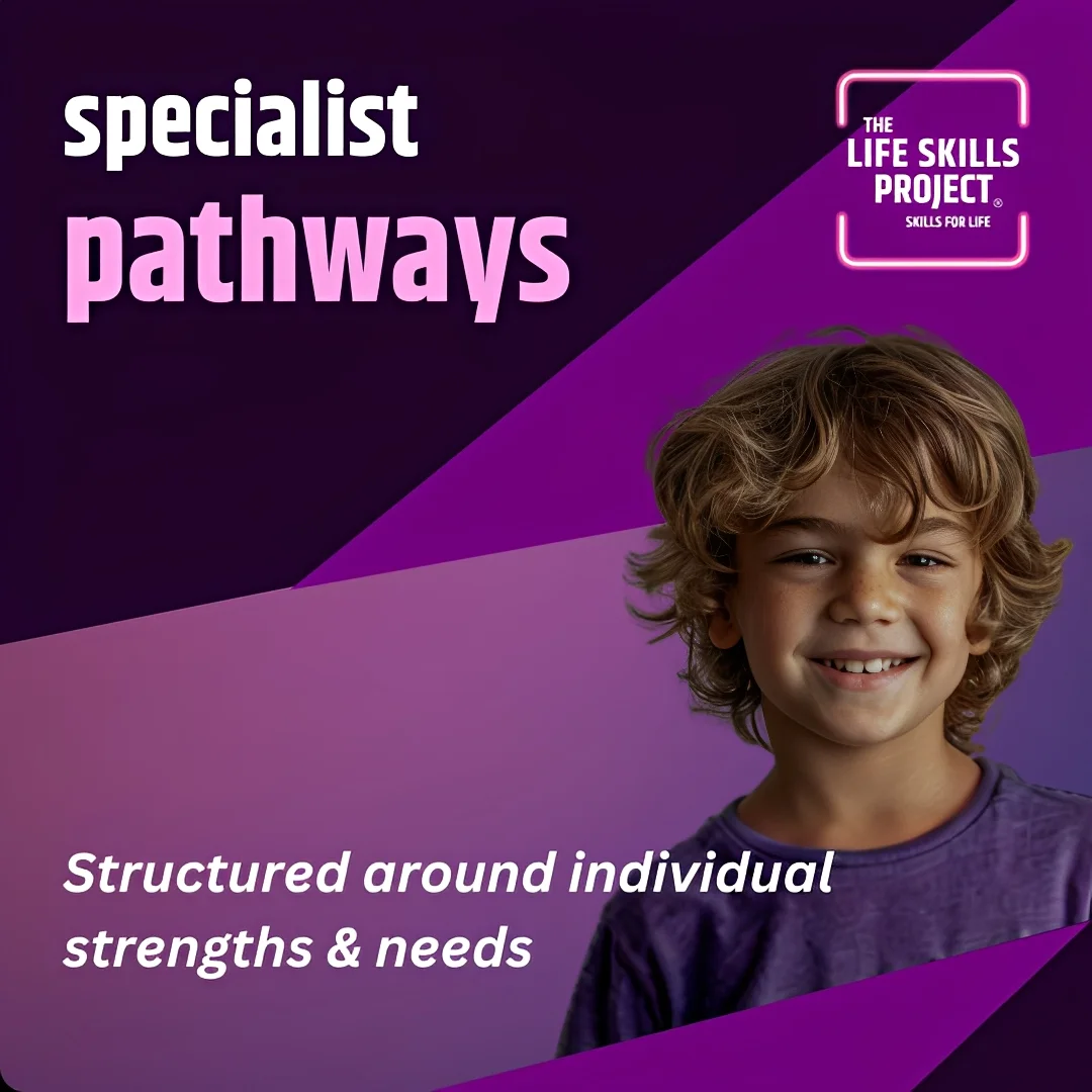 Image Title - Specialist Pathways
Image Text - Structured around individual strengths and needs
Image Description - A young learner with a confident expression representing specialist pathways tailored to individual needs, with The Life Skills Project logo (pink neon square, with white writing within)